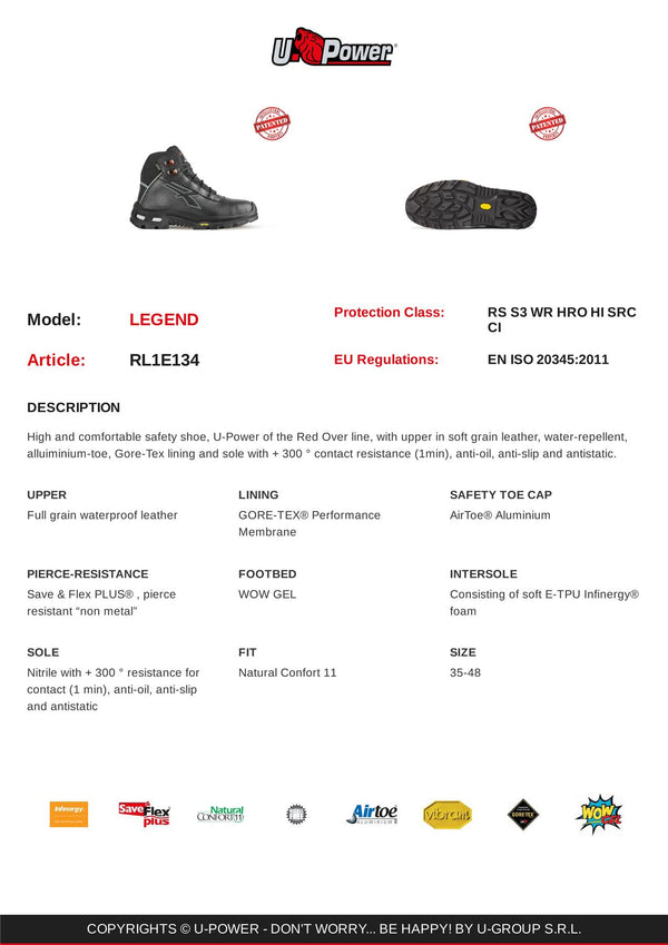 U-Power Legend Gore-Tex Vibram Infinergy Lace Up Safety Work Boots
